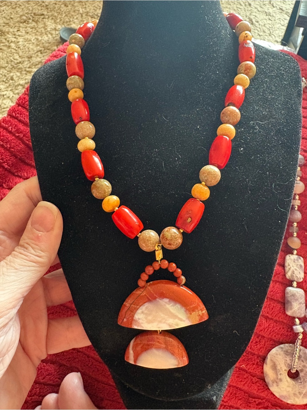 Hand Crafted Coral Beads With Carnelian Pendant Necklace